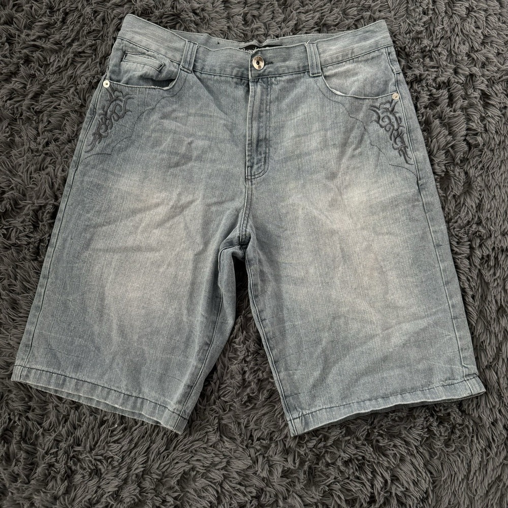 Y2K Brooklyn Xpress Tribal Embroidered Jean Shorts Size 40 Jnco Style Baggy Vtg